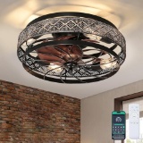 LOW PROFILE CAGED CEILING FAN W/ LIGHTS, REMOTE & REVERSE, FLUSH MOUNT, BULBS NOT INCLUDED