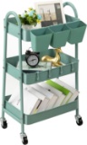 DANPINERA 3-TIER ROLLING CART, METAL STORAGE CART WITH WHEELS & CUPS, MOBILE TROLLEY, GREEN