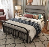 TUSEER QUEEN METAL BED FRAME WITH VINTAGE-STYLE HEADBOARD & FOOTBOARD, WROUGHT IRON, BLACK