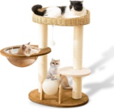 MODERN CAT TREE FOR INDOOR CATS, WOOD WITH SISAL SCRATCHING POSTS & CAT SCRATCHING BALL TOY