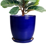 CERAMIC PLANTER POT - 12 INCH, WITH DRAINAGE HOLE AND SAUCER, FLUTED, BLUE