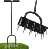 LAWN AERATOR SPIKE TOOL - MANUAL, 15 IRON SPIKES, HEAVY DUTY T-HANDLE & WIDE FOOT PLATE, BLACK