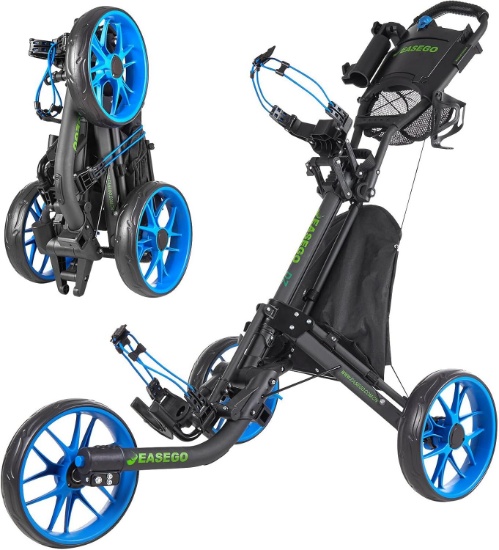 EASEGO GOLF PUSH CART, 3 WHEEL, FOLDABLE, W/PHONE/CUP/UMBRELLA HOLDER, LARGE WHEELBASE