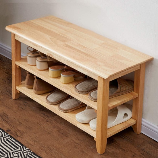XKZG SHOE RACK BENCH, WOODEN STORAGE, NATURAL, 31.5"W X 11.8"D X 16.5"H, RUBBER WOOD