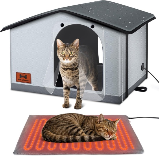 SHU UFANRO INSULATED HEATED CAT HOUSE, INDOOR/OUTDOOR, W/HEATED PAD FOR WINTER (20"X17"X16")