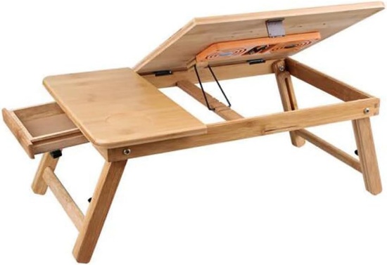 ADJUSTABLE BAMBOO LAPTOP DESK W/FAN, DRAWER, FOLDABLE BED TRAY, PADDED LAP WORK TRAY