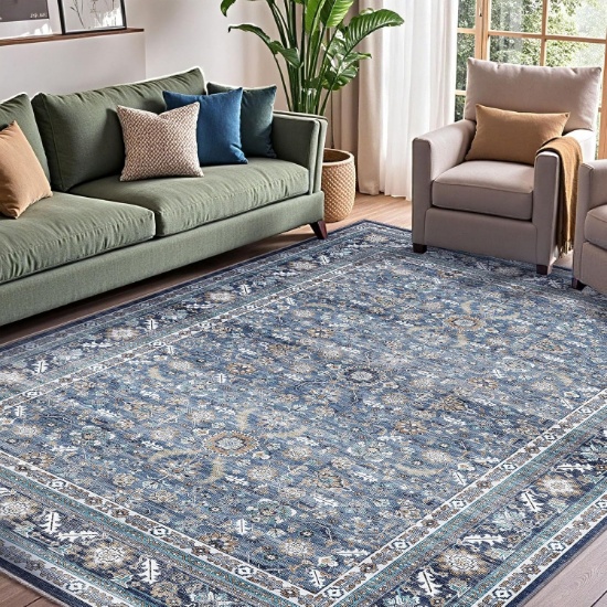 OPPODREAM VINTAGE BLUE AREA RUG, 8X10, WASHABLE, NON-SLIP BACKING, LOW-PILE FAUX CASHMERE