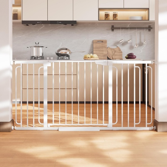 CUMBOR 36.6-64 IN EXTRA WIDE BABY GATE FOR STAIRS, WHITE, AUTO-CLOSE, DOUBLE LOCK