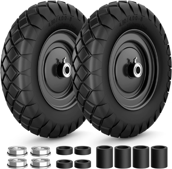 RONPOW 16" FLAT FREE TIRE & WHEEL 2-PACK, 4.80/4.00-8, 5/8" & 3/4" BEARINGS, 400LBS