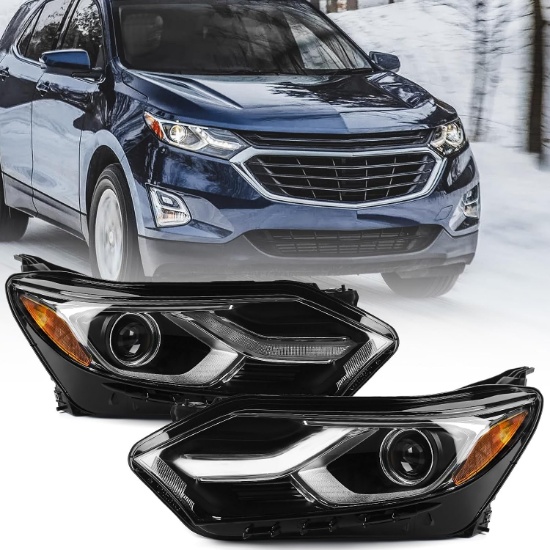 FIONE HEADLIGHT ASSEMBLY FOR CHEVY EQUINOX 2018-2021, HALOGEN LED DRL, LEFT DRIVER + RIGHT PASSENGER