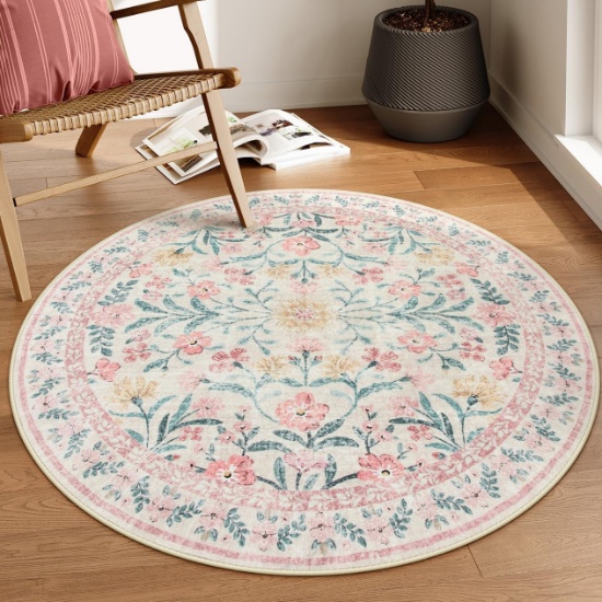 LAHOME SYLVIE BOHO ROUND RUG, 4FT LIGHT PINK WASHABLE NON-SLIP CIRCULAR CARPET