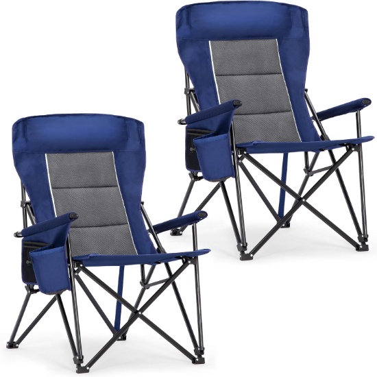 ALPHA CAMP OVERSIZED CAMPING CHAIR - HEAVY-DUTY HIGH-BACK OUTDOOR CHAIR, CUP HOLDERS, NAVY, 2PK