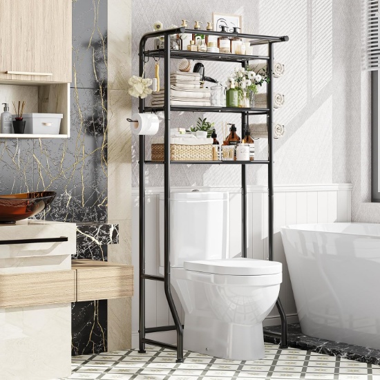SIMPLE TRENDING OVER-TOILET STORAGE CABINET, METAL SHELF W/PAPER HOLDER & HOOKS, 3-TIER, BLACK