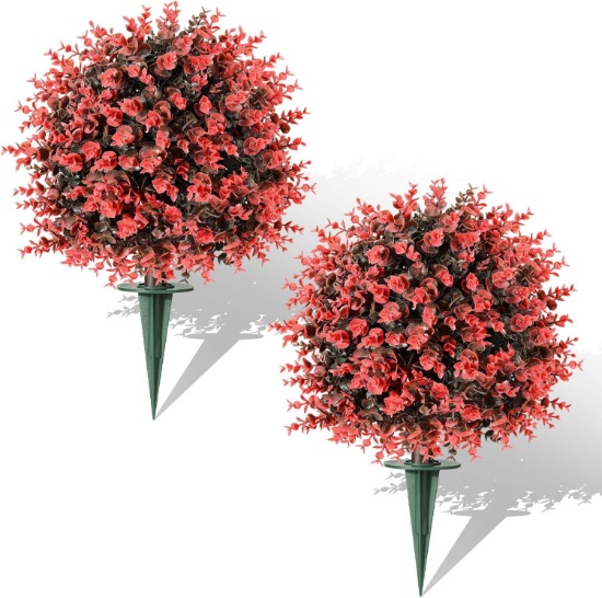 LEWONDR BOXWOOD TOPIARY BALL, 22.83" OUTDOOR FAKE PLANT W/GROUND SPIKES, SET OF 2, RED