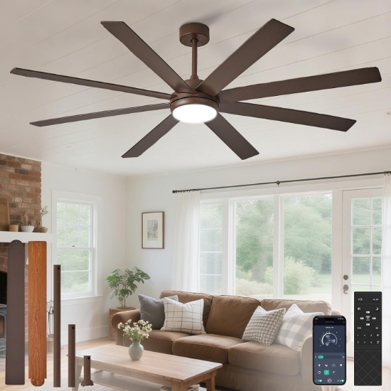 DEPULEY 66" CEILING FAN W/LIGHTS, INDOOR/OUTDOOR, 8-BLADE, REMOTE, DC MOTOR, 6 SPEEDS