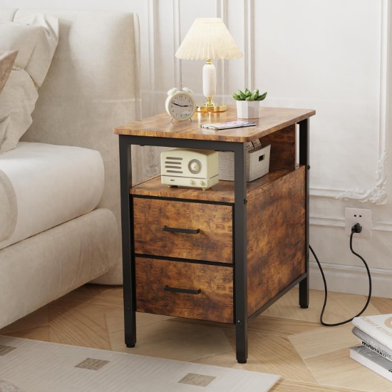 END TABLE W/CHARGING STATION & 2 FABRIC DRAWERS, 2 AC OUTLETS, 1 USB, 1 TYPE-C, OPEN SHELF