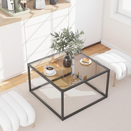 YMYNY GLASS COFFEE TABLE, TEMPERED GLASS, METAL FRAME, DARK BROWN, 26.77 X 26.77 X 15.75, UHCT001T