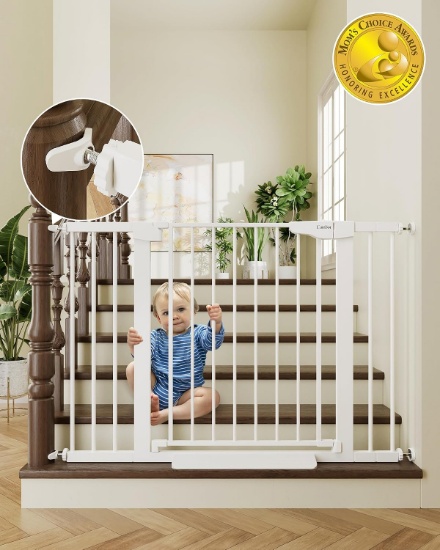 CUMBOR 30-46" BABY GATE FOR STAIRS & DOORWAYS, AUTO-CLOSE WHITE PRESSURE/HARDWARE MOUNTED GATE