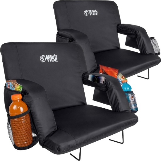 STADIUM BLEACHER SEAT W/BACK SUPPORT, 3IN FOAM CUSHION, 6 RECLINE, 2 CUP HOLDERS, BLACK, 2 PK