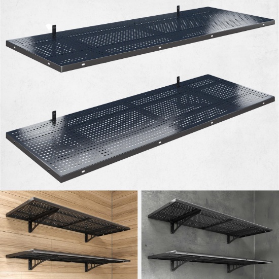 2-PACK 1.5X4FT HEAVY DUTY GARAGE WALL SHELVING, 500 LBS, WALL MOUNTED STORAGE RACK W/HOOKS, BLACK