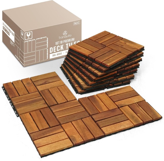 TRANQUILLO INTERLOCKING DECK TILES, 12X12, ACACIA WOOD, WATERPROOF, NON-SLIP (10 PCS, 10 SQ FT)