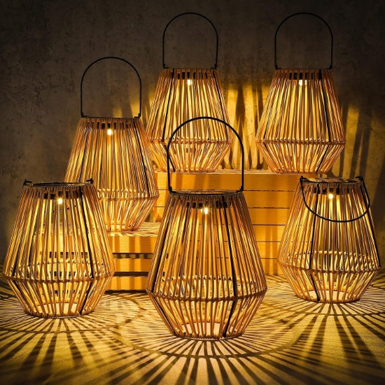 6 PACK SOLAR LANTERNS - RATTAN HANGING LIGHTS W/HANDLE, WATERPROOF OUTDOOR LAMPS FOR PATIO