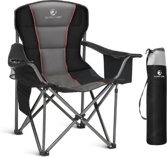 ALPHA CAMP FOLDING CAMPING CHAIR - HEAVY DUTY PORTABLE LAWN CHAIR W/COOLER BAG & CUP HOLDER