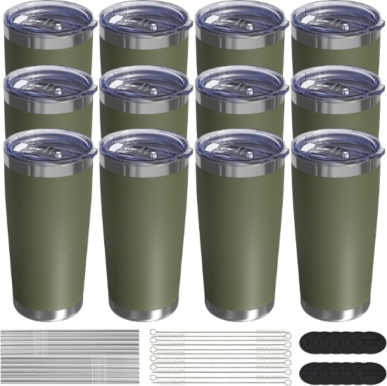 20OZ COFFEE TUMBLER, INSULATED STAINLESS STEEL, VACUUM, LID/STRAW, FITS CUP HOLDERS, 12-PACK