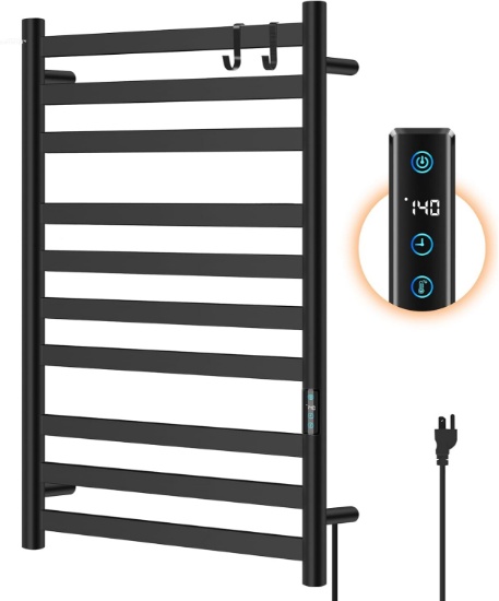 HEATED TOWEL RACK, 10 BAR ELECTRIC TOWEL WARMER, BLACK, WALL-MOUNTED, PLUG-IN, FAST HEAT
