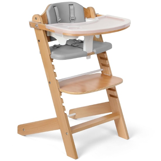 COWIEWIE 3-IN-1 CONVERTIBLE NATURAL WOODEN HIGH CHAIR FOR BABIES, 3-TIER REMOVE TRAY, 8-LEVEL, GREY