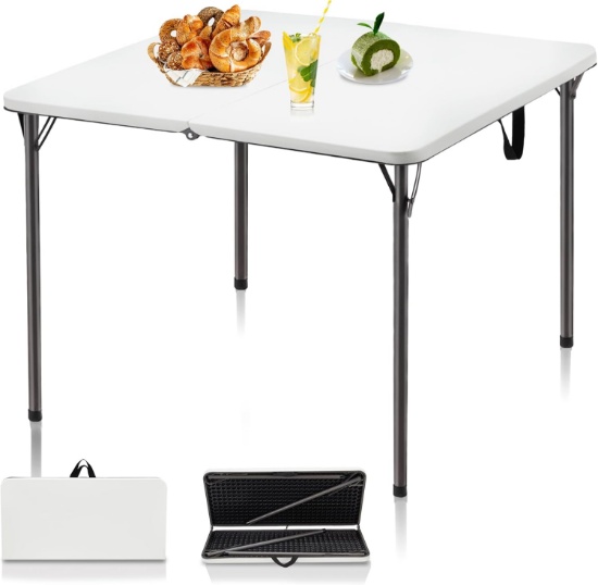 KASUNPUL 34" FOLDING TABLE, PORTABLE SQUARE CARD TABLE W/COLLAPSIBLE LEGS & CARRY HANDLE, WHITE