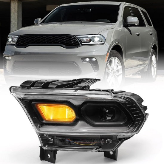 FIONE HEADLIGHT ASSEMBLY FOR DODGE DURANGO 2021-2022, LEFT LH DRIVER SIDE, LED, BLACK, 68433779AE