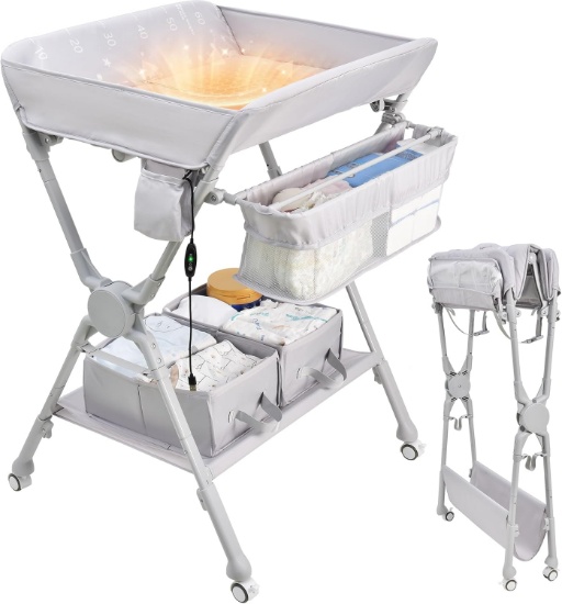 BABY CHANGING TABLE W/WHEELS, AUTO WARMER, FOLDING DIAPER STATION, 2 DRAWERS, ADJUSTABLE HEIGHT