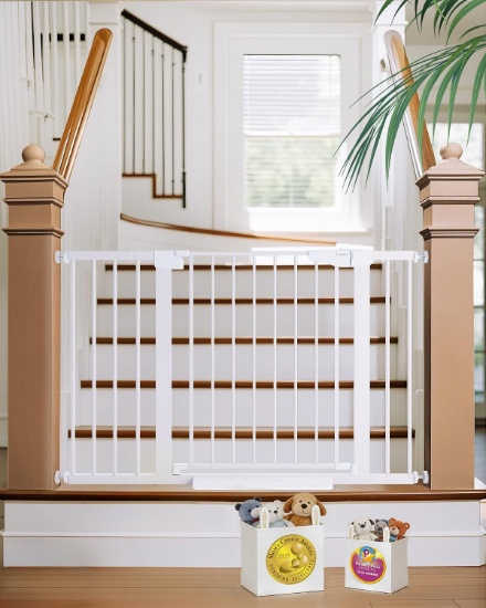 CUMBOR 30-48 IN BABY GATE FOR STAIRS, AUTO-CLOSE, WHITE, DOUBLE LOCK, ONE-HAND OPEN