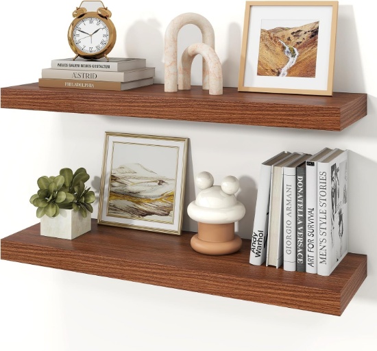 FLOATING WALL SHELVES, 9.3" DEEP WALL-MOUNTED WOOD SHELVES, WALNUT, 30"