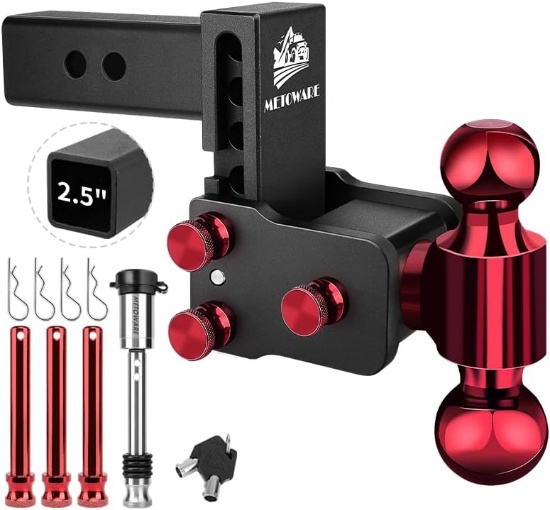ADJUSTABLE TRAILER HITCH DROP, 2.5" RECEIVER, 4" DROP/RISE, 2" & 2-5/16" BALLS, 18,000 LBS GTW