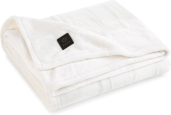 BROOKSTONE ELECTRIC HEATED PLUSH THROW - 4 HEAT SETTINGS, 4-HOUR AUTO SHUT-OFF, 50X60, IVORY