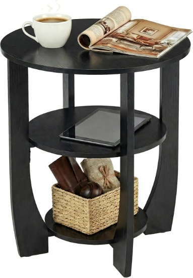 ROUND SIDE TABLE, BLACK, MODERN STYLE | 3-TIER END TABLE W/STORAGE, 19.7" TALL NIGHTSTAND