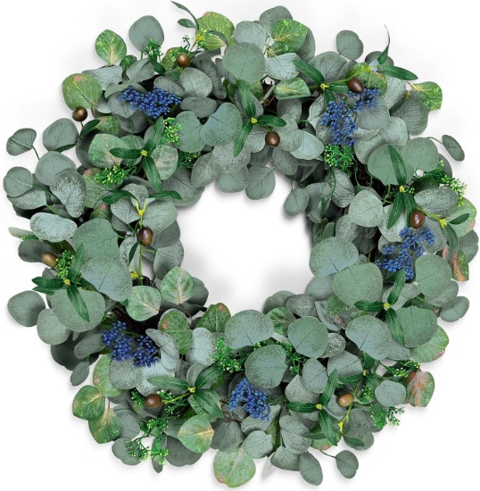 22 INCH EUCALYPTUS WREATH W/OLIVE LEAVES AND BERRIES - HANDMADE, GREEN, FRONT DOOR