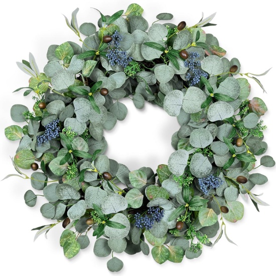 24-INCH EUCALYPTUS WREATH W/OLIVE LEAVES AND BERRIES, RATTAN BASE, WATERPROOF