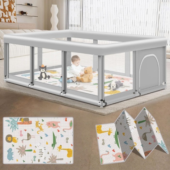 BABY PLAYPEN W/MAT, 74 X 50 LARGE INDOOR/OUTDOOR PLAY YARD, BREATHABLE MESH, ANTI-SLIP BASE