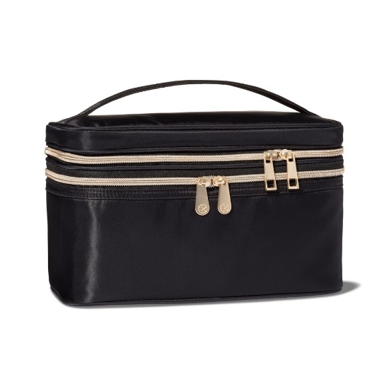 DOUBLE ZIP TRAIN CASE MAKEUP BAG - BLACK