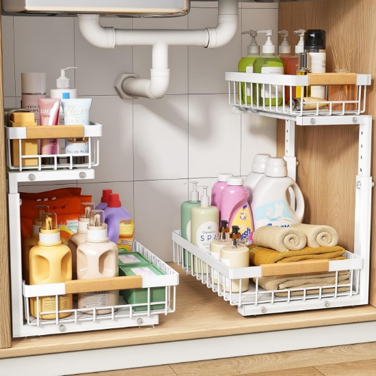 PXRACK UNDER SINK ORGANIZER, 2-TIER ADJUSTABLE HEIGHT PULL-OUT CABINET STORAGE, WHITE, 2-PACK
