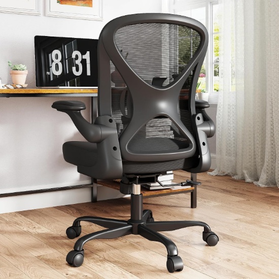 ERGONOMIC MESH OFFICE CHAIR, ADJUSTABLE LUMBAR SUPPORT, BLACK, 300 LB, FLIP-UP ARMS, SWIVEL BASE