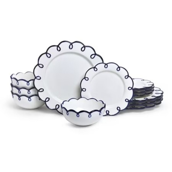 SANGO SPLASH OF CHEERS 12-PIECE EARTHENWARE DINNERWARE SET FOR 4-WHITE W/NAVY BLUE SCALLOPED RIMS