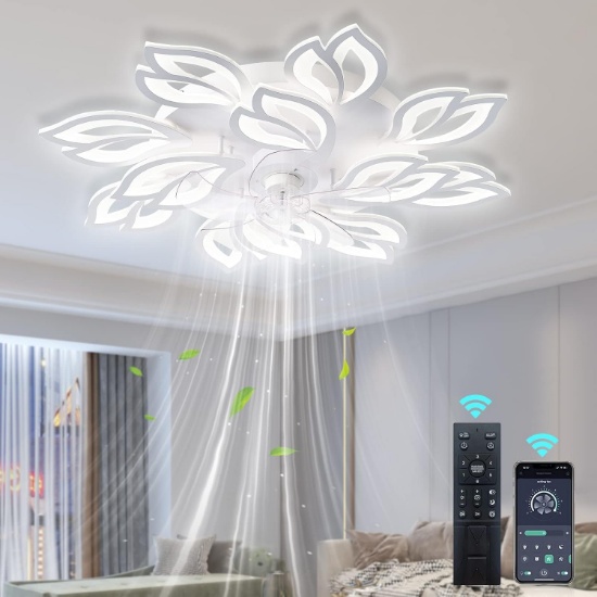 35" MODERN CEILING FAN W/LIGHTS, REMOTE CONTROL, LED DIMMABLE, 3-COLOR 6-SPEED, LOW PROFILE, 130W