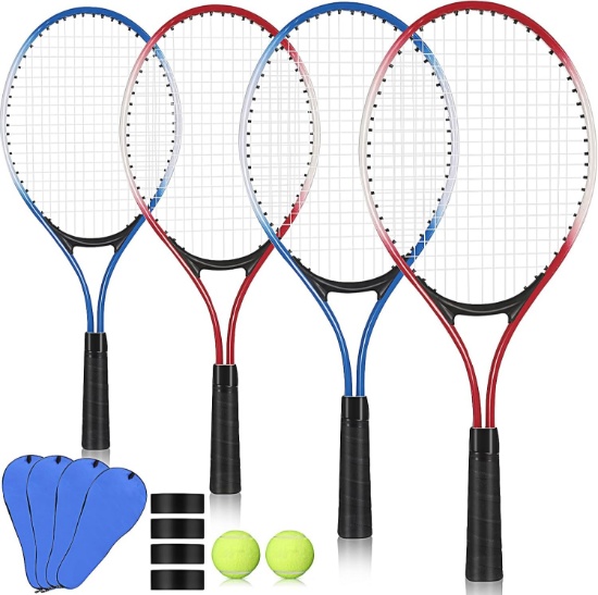4 PCS RECREATIONAL TENNIS RACKETS - 21-INCH LIGHTWEIGHT RACKETS, BALLS, OVERGRIPS, CARRY BAG