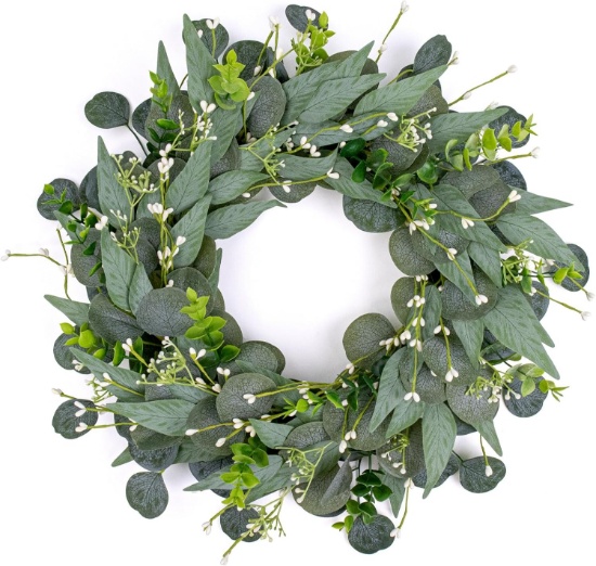 20-INCH GREEN EUCALYPTUS WREATH FOR FRONT DOOR, ARTIFICIAL GREENERY W/BERRY, ALL SEASONS