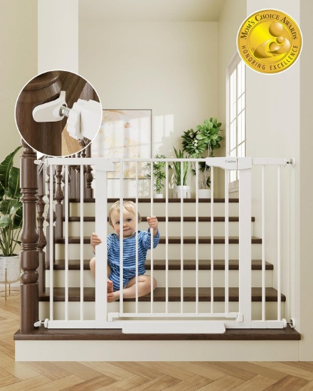 CUMBOR 30-46" BABY GATE FOR STAIRS & DOORWAYS, AUTO-CLOSE WHITE PRESSURE/HARDWARE MOUNTED GATE