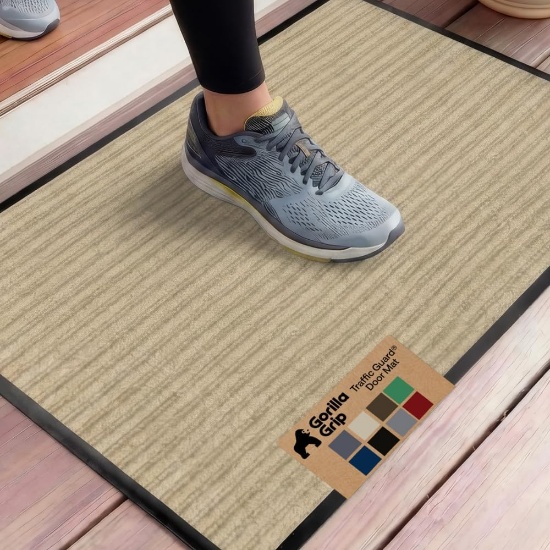 GORILLA GRIP TRAFFIC GUARD INDOOR/OUTDOOR DOOR MAT, 35X23 BEIGE WATERPROOF FRONT ENTRYWAY DOORMAT